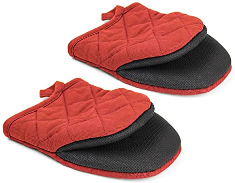 Oven Mitts, 2 Pack Heat Resistant 500 ℃ Little Oven Gloves Pot Holder Neoprene Cotton Trivet for Kitchen Cooking - Non-Slip Grip, Hanging Loop, 7 x 6 Inches,Red