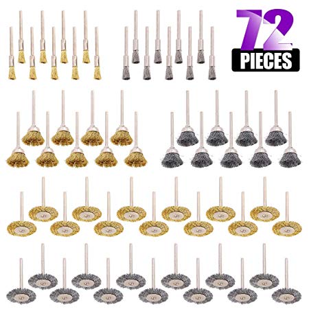 Swpeet 72Pcs Wire Wheel Brushes Kit, Including Brass and Steel Wire Brush Set 1/8" (3mm) Shank for Dremel Accessories Rotary Tools Polish Clean Tools
