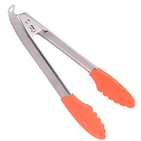 Maphyton Stainless Steel Kitchen Tongs, 12 Inch BBQ Cooking Utensils Tong Silicone Tips Automatic Locking Clip Easy One-Handed Operation (Orange)