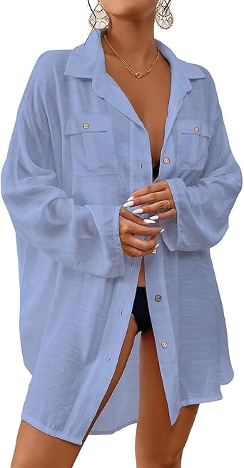 Bsubseach Women 2024 Swimsuit Cover Up Button Down Beach Shirt Blouse Tops