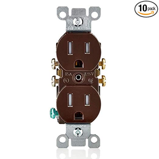 Leviton T5320 15 Amp, 125V, Tamper Resistant, Duplex Receptacle, Residential Grade, Grounding, 10-Pack, Brown