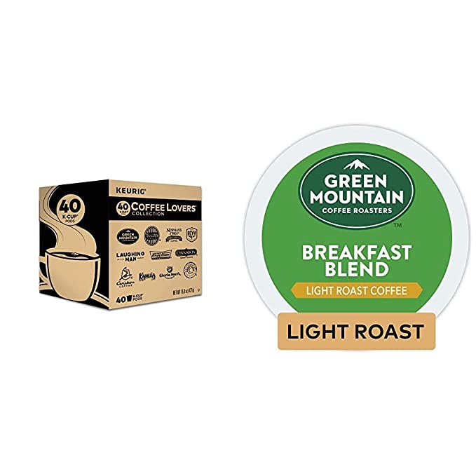 Keurig Coffee Lovers' Collection Variety Pack, Single-Serve Coffee K-Cup Pods Sampler, 40 Count & Green Mountain Coffee Roasters Breakfast Blend, Single-Serve Keurig K-Cup Pods, 32 Count