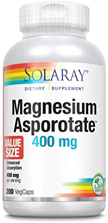 Solaray Magnesium Asporotate 400 mg | High Absorption Formula | Healthy Heart & Nerve Support | 100 Serv, 200 VegCaps