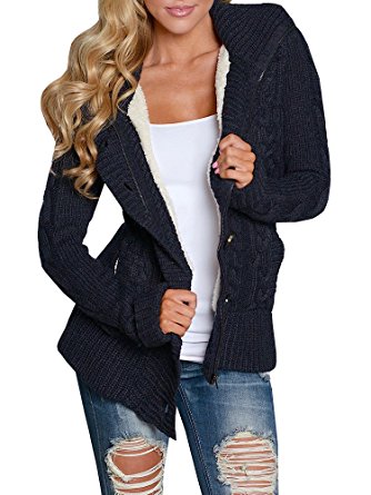 Makkrom Women's Classic Six Button Cable Hooded Knit Outwear Sweater Cardigan