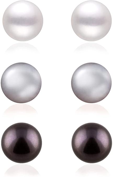 Boxed Set 3 pairs 8mm Genuine Freshwater Cultured Pearl Stud Earrings in 925 Sterling Silver ✦June Birthstone✦