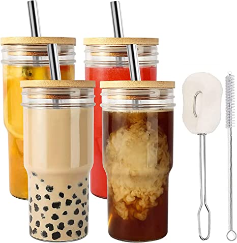 ALINK 4 Pack Glass Tumbler Boba Cups with Bamboo Lids and Straws, 22oz Iced Coffee Cups-Reusable Mason Jar Drinking Glasses for Bubble Tea, Beer, Smoothie