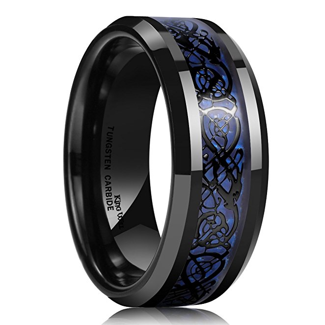 King Will Men's 8mm Blue Carbon Fiber Black Celtic Dragon Tungsten Carbide Ring Wedding Band