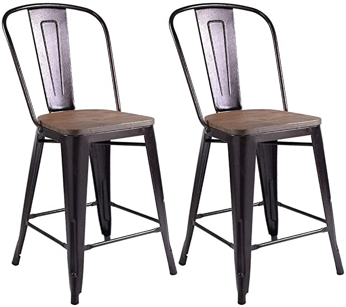 COSTWAY Copper Set of 2 Tolix Style Metal Dining Chairs with Wood Seat Stackable Industrial Cafe Side Chairs