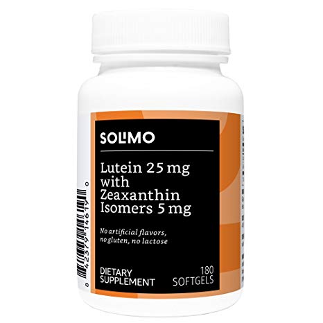Amazon Brand - Solimo Lutein 25mg with Zeaxanthin Isomers 5mg, 180 Softgels, Six Month Supply
