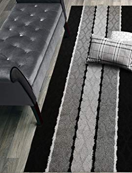 Custom Size Damask Hallway Runner Rug Slip Resistant, 26 Inch Wide x Your Choice of Length Size, Black, 26 Inch X 18 feet