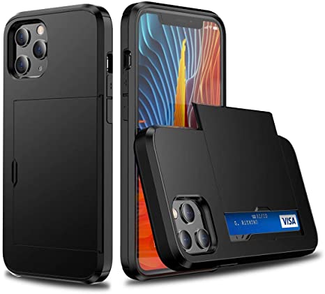 Case for iPhone 12 Pro with Card Holder, Credit Card Slot Wallet Dual Layer Cases Soft TPU Hard PC Shockproof Cover, 6.1 Inch (Black,iPhone 12 Pro)