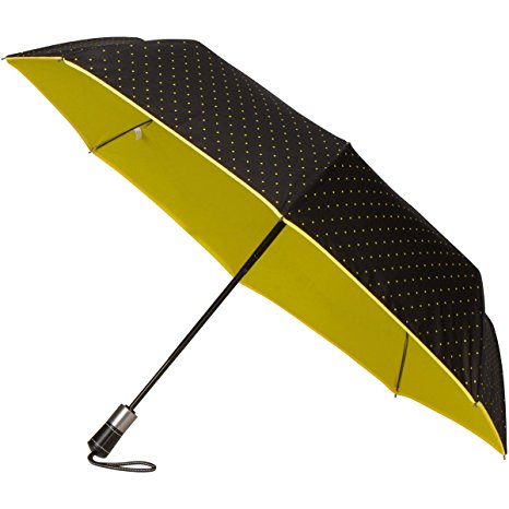 RainPrüf Travel Umbrella, Windproof Fiberglass Ribs, Auto Open/Close, Attractive Custom Polka Dot Design, Luxury Handle, Double Layer Polyester Fabric