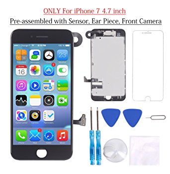 Glob-Tech iPhone 7 Screen Replacement Black 4.7 Inch LCD Display Touch Digitizer Assembly Repair Kit,Preassembled Proximity Sensor  Ear Piece  Front Camera, with 3D Touch  Screen Protector  Tools