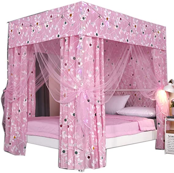 Homepingnew Cute Bed Curtain Canopy, 4 Corner Post Bed Canopy Mosquito Net Bedroom Decoration for Adults Girls Boys Bed Canopies Child Gift (046-Pink, Queen)