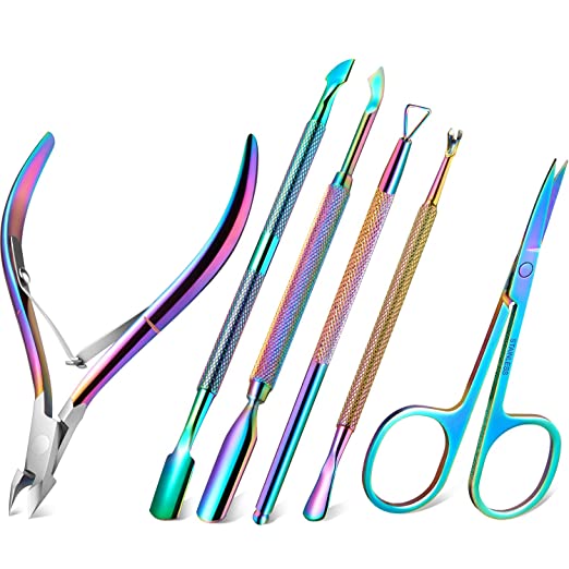 6 Pieces Cuticle Nipper Trimmers Set Stainless Steel Cuticle Trimmer Clipper Double Ended Cuticle Pushers Cutters Dead Skin Remover Scissor for Manicure Pedicure Supplies (Rainbow Color)