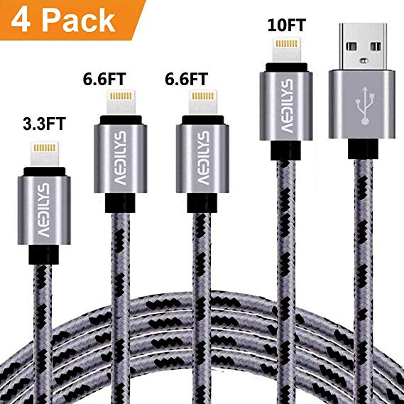 AEDILYS Charger Cables 4 Pack [10FT 6.6FT 6.6FT 3.3FT] Nylon USB Charging & Syncing Cord Charger Compatible with iPhone 8/7/6s/6/Plus/5se/5s/5c/5, iPad, iPod