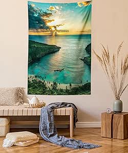 Ambesonne Hawaiian Tapestry Queen Size, Sunrise Over Hanauma Bay Oahu Hawaii Sunbeams Through Clouds Shoreline, Wall Hanging Bedspread Bed Cover Wall Decor, Queen Size, Green Orange