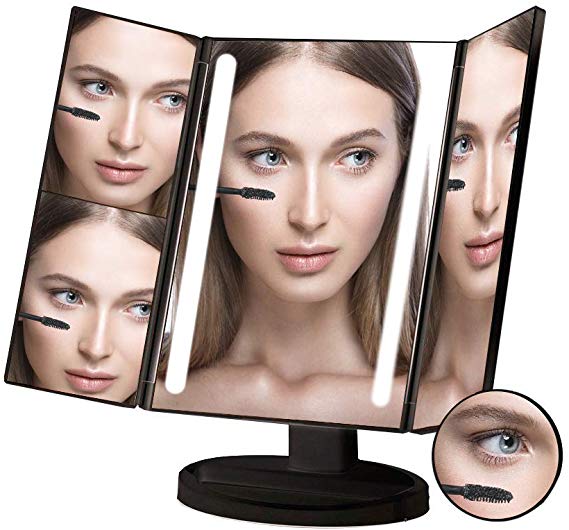 World Power Lighted Makeup Mirror with 24 LED Lights,Tri-Fold Vanity Mirror, 3 X 2X 1X Magnification Mirror with Touch Screen and Removable 10X Magnification Spot Mirror,Dual Power Supply(Black)