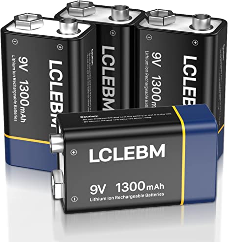 LCLEBM USB Rechargeable 9V Batteries,1300mAh 9V Lithium Rechargeable Batteries Long Lasting 9 Volt Li-ion Batteries for Smoke Alarm,Digital Cameras and Home Devices - 4 Packs