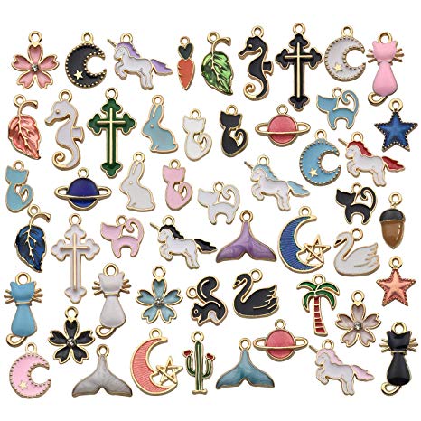 iloveDIYbeads 50pcs Assorted Gold Plated Enamel Animals Fruit Moon Star Unicorn Mermaid Charm Pendant for DIY Jewelry Making Necklace Bracelet Earring DIY Jewelry Accessories Charms M157