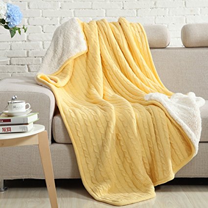NTBAY All Seasons Collection 100%Cotton Super Warm Cable Knit Throw Blanket (60X78 inches, Yellow)