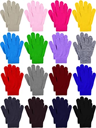 Cooraby 16 Pairs Winter Kids Warm Magic Gloves Full Fingers Stretchy Knitted Gloves for Boys or Girls