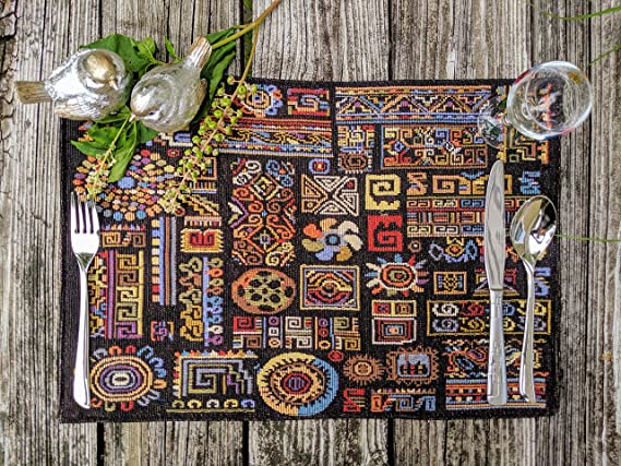 DaDa Bedding Ethnic Ornaments Placemats - Set of 4 Tapestry Geometric Multi-Colorful Black Design - Decorative Cotton Linen Woven Dining Table Mats - 13” x 19” (18118)