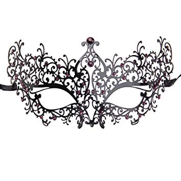 Xvevina High Quality Glossy Filigree Metal Mask Venetian Masquerade Ball Masked Mask (black metal purple Stones Boutique)