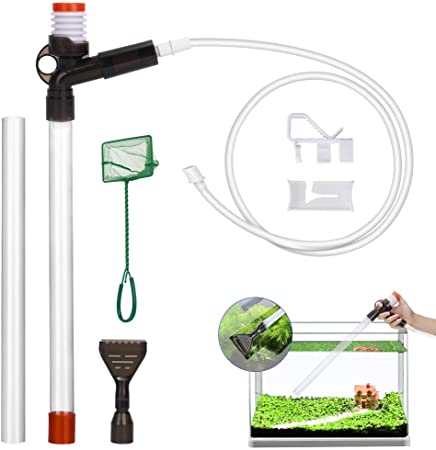 SlowTon Aquarium Gravel Cleaner, Fish Tank Vacuum Cleaner Kit Tool with 2 Extendable Pipe, Glass Scraper, Water Flow Controller Clamp, Fish Net, for Water Changing, Sand Washing, Absorption of Feces