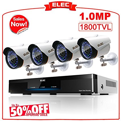 ELEC 8CH 4CAM 1800TVL In & Outdoor Home Video Security Cameras System 24Hrs CCTV Monitoring DVR Surveillance Kit Free Remote View on APP [No hard drive]