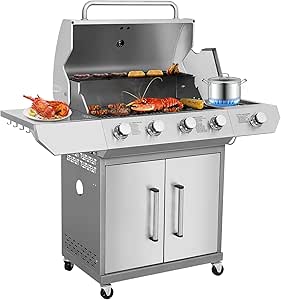 Hykolity 4 Burner Propane Gas Grill, Stainless Steel Gas Grill with Built-in thermometer & Side Burner,Ideal BBQ Grill for Outdoor Cooking and Patio Backyard，60,000BTU