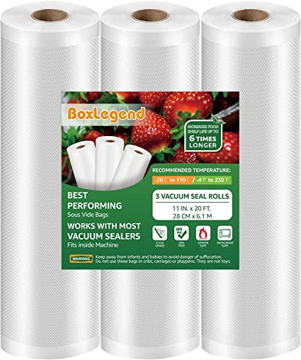 BoxLegend 11" x 20' 3 Rolls Vacuum Sealer Bags for Food Saver Seal a Meal Fits inside Machine Commercial Food Saver Bags BPA Free Sous Vide Bags Heavy Duty Vac Seal Storage Bags