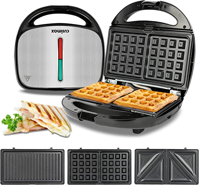 Sandwich Maker, CUSIMAX 3-in-1 Waffle Iron for Sandwich, Panini Press, Steak, Detachable Non-stick Plate, LED Indicator Lights, Portable Cool Touch Handle, Easy to Clean and Storage, Silver