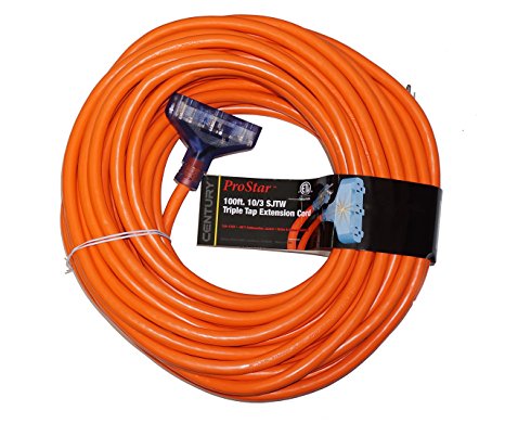 ProStar 100 Foot 10 Gauge SJTW 3 Conductor Triple Tap Extension Cord With Lighted Ends - Orange