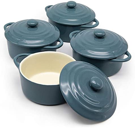 12oz Mini Cocotte, by Kook, Casserole Dish, Dutch Oven, Ceramic Make, Easy to Lift Lid, Light Gray, Set of 4