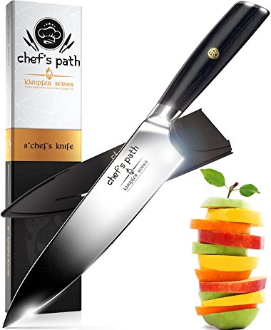 CHEF'S PATH - Professional Chef Knife 8 Inch - Kämpfer Series - German High Carbon Stainless Steel - Best Value with Sheath, Exquisite Gift Packaging & Booklet - Ultra Sharp Kitchen Knife