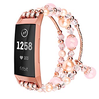 Koreda Compatible with Charge 3/3 SE Bands Women, Fashion Replacement Bracelet with Elastic Stretch Handmade Beaded Pearl Band for Women Girls Female 5.5"-6.5"(Rose Gold,Medium)
