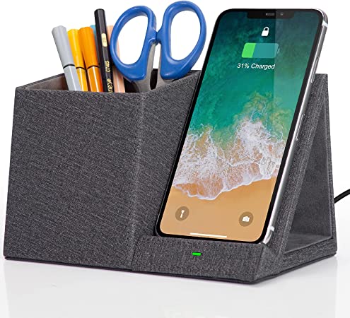 Wireless Charger Desk Stand Organizer, Wireless Charging Station, Desk Storage,10W Pen Holder Charger,for iPhone SE 2020/13/12 Pro/11 Pro Max/Xs MAX/XR/XS/X/8,Galaxy Z/ S20/Note 10/S10 Plus (Gray)