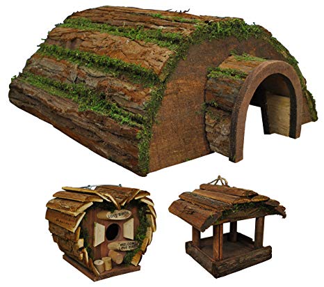 Selections Wooden Hedgehog Hogitat with Bird House and Hanging Bird Feeder