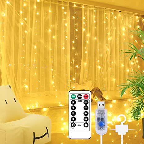 OUTAD LED Curtain Lights, 3 * 3M Curtain of String Lights with Remote, 300 LED 8 Modes Indoor Outdoor Decorative Twinkle Lights, Warm White