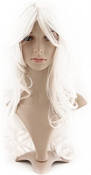 MapofBeauty Cosplay Costume Long Curly Hair Wig Ladies Synthetic Wig (White)