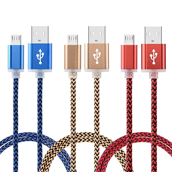 Micro USB Cable, BestElec [3-Pack] Premium 3ft Nylon Braided USB 2.0 A Male to Micro B Data Sync & Charging Cable for Android ,Samsung ,HTC ,Sony and More (Red,Gold,Blue)