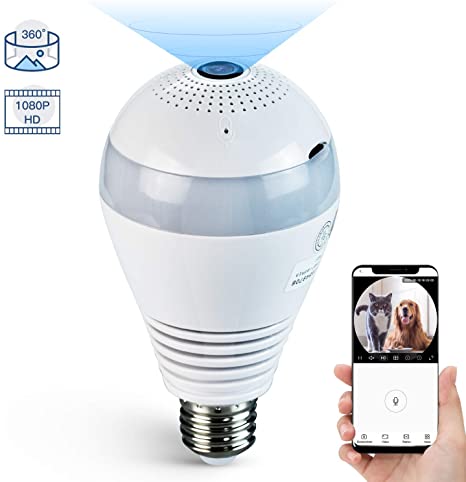 1080P Light Bulb Camera 360 Degrees Panoramic Cameras 2.4GHz WiFi Security Camera, VR Home Surveillance 2.0MP Wireles IP LED Cam, Replay/Night Vision/Alarm/Motion Detection