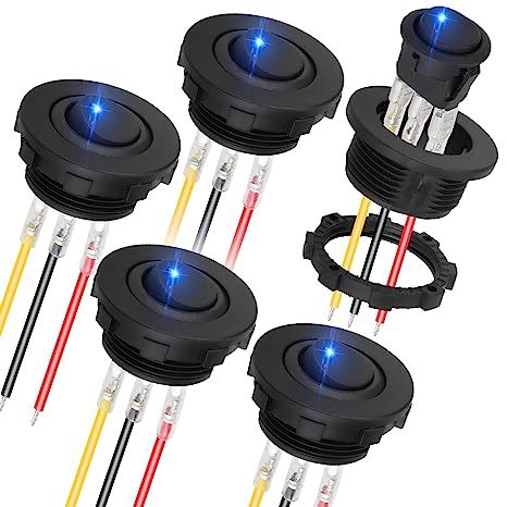 Linkstyle 5 Pack Upgraded Round Rocker Toggle Switch 12V 3 Pin SPST Prewired ON Off Rocker Toggle Switch with Shell and Blue Led Light for Car Truck Boat Marine Off-Road Vehicle