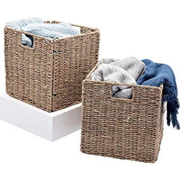 StorageWorks Seagrass Storage Woven Basket Iron Wire Frame, Foldable Wicker Storage Baskets Organizer, Large, 11.8"x11.8"x11.8", 2-Pack