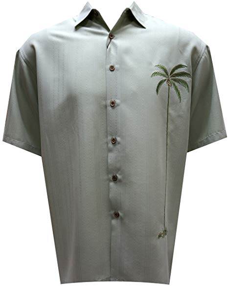 Bamboo Cay Mens Single Palm Embroidered Casual Hawaiian Button Down Shirt