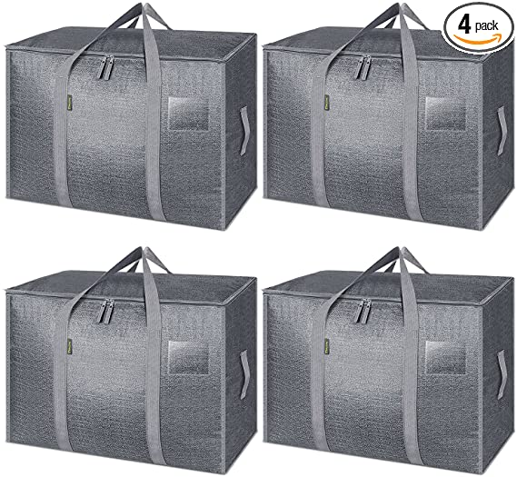 BALEINE 4-Pack 105L Moving Totes with Reinforced Handles, Heavy-Duty UnderBed Storage Bag for Moving Boxes, Clothes, Travel, Attics (105L, 4-Pack Grey)