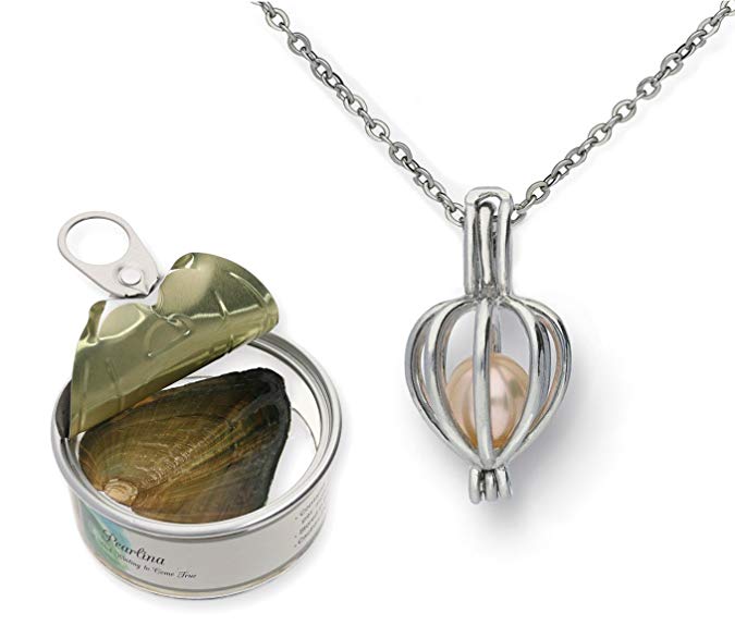 Heart Cage Rhodium Plated Necklace Freshwater Cultured Pearl in Oyster Set   Stainless Chain 18"
