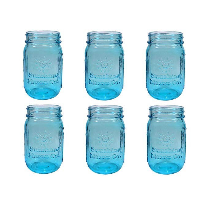Sunshine Mason Co. Vintage Blue Color Pint Size (16 ounce, 473 mL) Regular Mouth Glass Mason Jars 6 Pieces