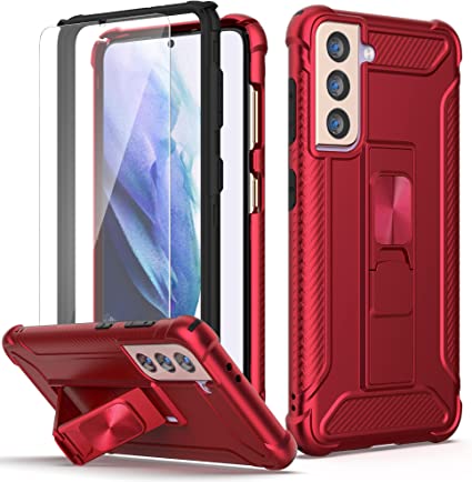 ORETech Designed for Samsung S21 Plus Case 6.7 Inch,with [2X Tempered Glass Screen Protector] Full Body Heavy Duty Hard PC Back Soft Rubber Kickstand Cover for Galaxy S21 Plus Case Red